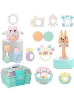 13-Piece Multi-Shaped Baby Rattle Toy Set With Storage Box - Breeze Arabia