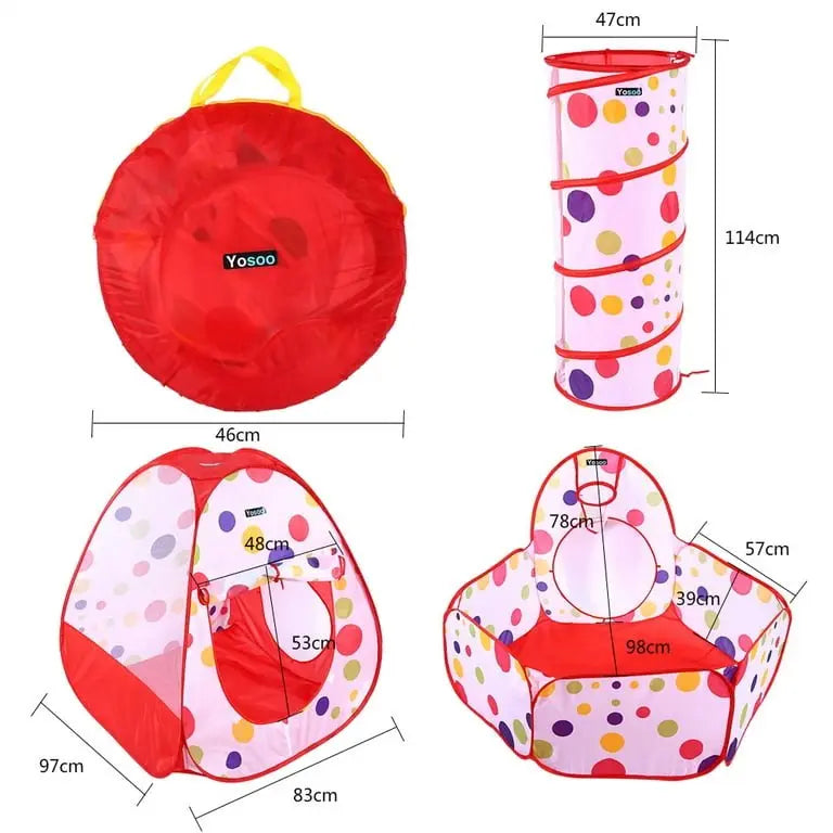 3-In-1 Pop Up Foldable Portable Indoor Outdoor Play Tent House With Tunnel And Ball Pool For Children - Breeze Arabia