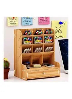 Wooden Pen Holder Storage Box Brown - Breeze Arabia