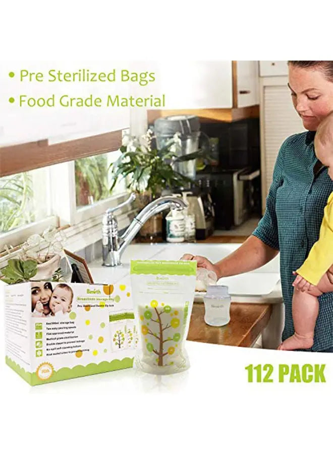 112 Piece Baby Self-standing Bottom Design Breast Milk Storage Bags With Double Zipper, 250 ml - Breeze Arabia